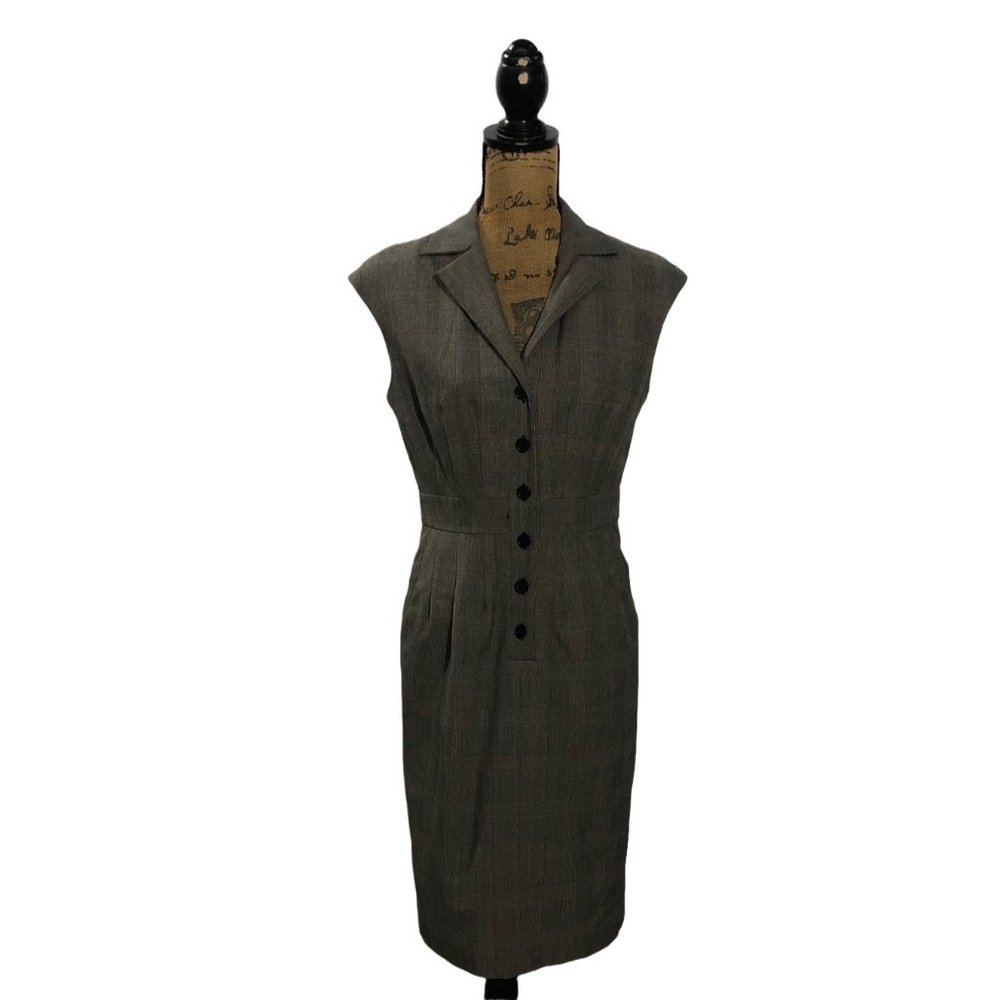 Jessica Howard 6‎ Dress Gray Black White Plaid Button Front Sleeveless Kick Slit